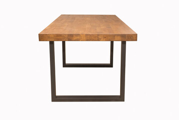 wooden lacquered table with black metal legs on white background standing side view