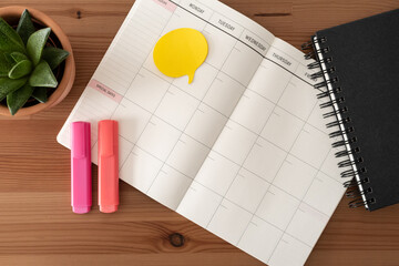 Blank organizer, markers, black diary and plant. Top view.