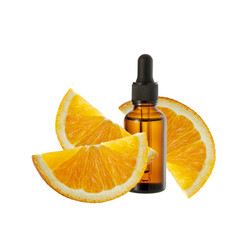 Dark brown glass bottle of face serum with vitamin C or essential  oil and orange slices