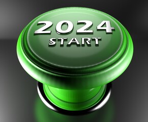 2024 START green push button on black background - 3D rendering illustration