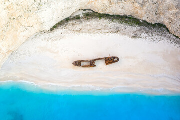 Zakynthos island Greece shipwreck Navagio beach travel vacation background drone view aerial photo