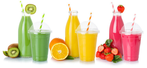 Smoothie smoothies fruit juice drink drinks straw in a bottle and cup isolated