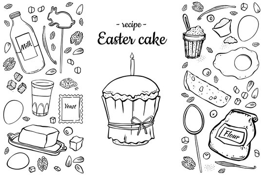 Illustration Recipe Easter cake. Set black outline objects for cooking isolated on white background. For cafe menu price