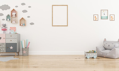 Kids Wall mock up with frame. Kids interior. Scandinavian interior. 3d rendering, 3d illustration
