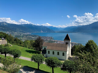Church above Montreux and Lake Geneva in Switzerland
