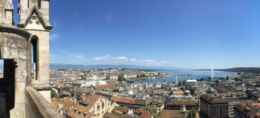 Panoramic view of swiss city of Geneva and its lake with water jet
