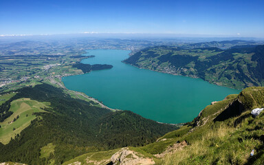 Panoramic view of a swiss landscape from Rigi mountain