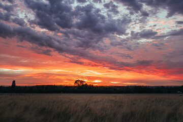 Beautiful wide angle view for dramatic sunset sky with clouds, astonishing sun set in bright colors on British agricultural grounds, most amazing view in UK, high contrast and saturation photography