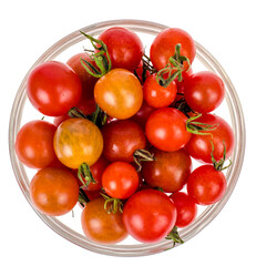 Miniature red cherry tomatoes on white background, vegetarian and vegetable products