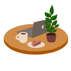 working home, at home on table, work with cup of coffee, freelancer, work place, self-isolation, cozy breakfast