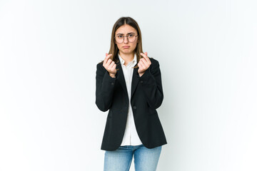 Young caucasian business woman showing that she has no money.