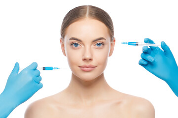Portrait of young woman ready for face injection by beauty doctors, isoalted on white background