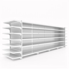 closeup of set of shelves front perspective in supermarket. 3D rendering