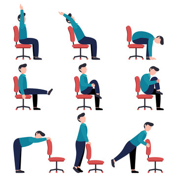 Set of men doing office chair yoga. Bundle of business man workout for healthy back, neck, arms, legs. Sport exercises for the wellbeing of workers. Vector illustration isolated on white background.