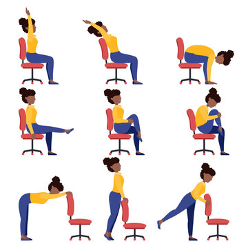 Set of black girls doing office chair yoga. Bundle of women workout for healthy back, neck, arms, legs. Sport exercises for the wellbeing of workers. Vector illustration isolated on white background.
