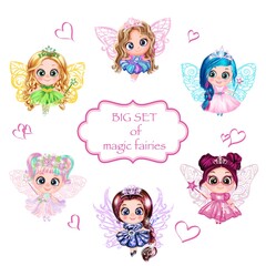 large set with magical cute fairies on a white background for printing on children's products