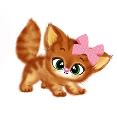 Little ginger fluffy kitten with a pink bow for any baby products on a white background