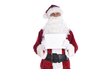 Senior man wearing a traditional Santa Claus costume holding a blank white gift box. Isolated on white.