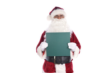 Senior man wearing a traditional Santa Claus costume holding a blank square green sign in front of his torso.  Isolated on white.
