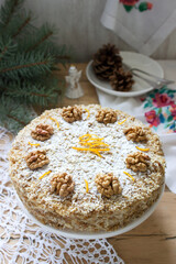 Walnut cake Julfa, a traditional Christmas dessert in Romania and Moldova. Rustic style.