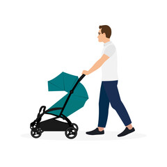 Father walking with baby stroller isolated on white background. Vector illustration