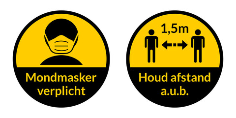 Set of Round Coronavirus Instruction Sticker Signs in Dutch 