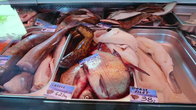 Fresh fishes for sale in a fish shop in Katy Rybackie village on Baltic Sea coast in Gmina Sztutowo, Poland, 4K footage