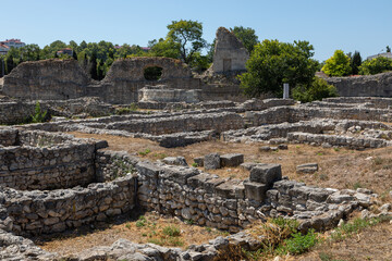 Fototapeta premium Antique city of Tauric Chersonesos was founded by the ancient Greek civilization, the remains of which are located in Sevastopol, Crimea. Nowadays it include ruined stone walls and destroyed buildings