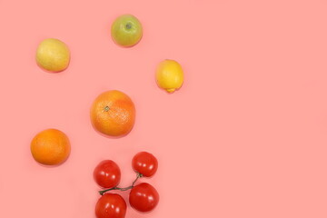 Tropical fruits, grapefruit, orange, lemon, tomato, banner. Detox diet minimal concept flat lay Healthy and natural food concept. Vitamins C, lifestyle