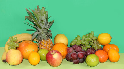 Tropical fruits, grapefruit, orange, lemon, banner. Detox diet minimal concept. Space for text, flat lay. Healthy and natural food concept. Vitamins C, lifestyle