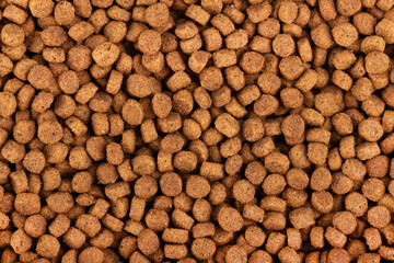 Dry pet food background. Pile of granulated animal feeds. Granules of good nutrition for dogs and cats.
