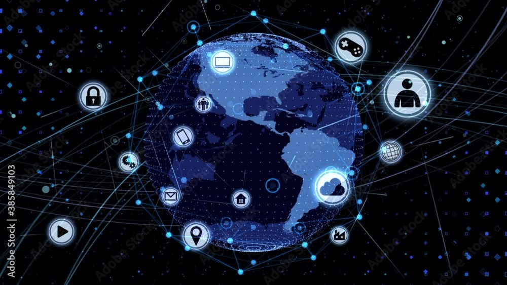 Wall mural technology icon network world internet digital devices on space earth background