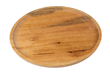 Round wooden plate isolated on white background, side view.