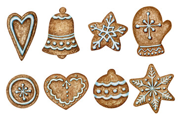 Christmas gingerbread cookies set, mitten heart bell winter holiday sweet food. Watercolor illustration isolated on white background. Xmas gift and tree decorations. Greeting card design concept
