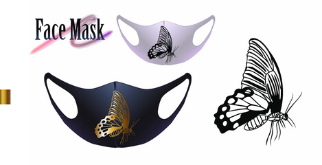 Vector illustration of black and gold silhouette of a butterfly on a face mask. Beautiful drawing for a face mask.
