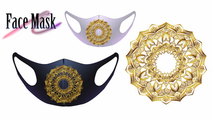 
Vector illustration of a pattern for a facial mask. Gold ornament in a circle on the face mask.