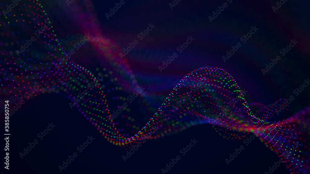 Aufkleber Big data visualization. The musical stream of sounds. Abstract background with interweaving of dots . 3D rendering.