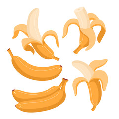 Set of cartoon banana one, two and three peeled banana. Fresh tropical yellow fruits isolated on white background.
