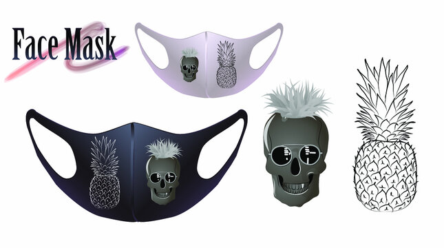 Vector illustration of a skull with glasses and a pineapple on a facial mask. Beautiful drawing for a face mask.