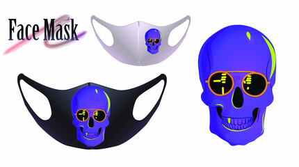 Vector illustration of a pattern for a facial mask. Blue skull with glasses on a face mask.