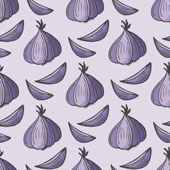 Seamless pattern with hand drawn garlic. Light background for your kitchen. Vegetable background. Organic food. Vector illustration.