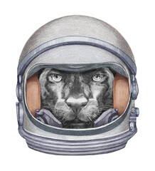 Astronaut. Portrait of Black Panther in a space helmet. Hand-drawn illustration