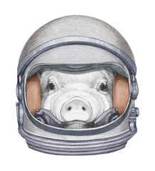 Astronaut. Portrait of Piggy in a space helmet. Hand-drawn illustration