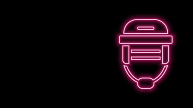 Glowing neon line Hockey helmet icon isolated on black background. 4K Video motion graphic animation