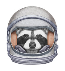 Astronaut. Portrait of Raccoon in a space helmet. Hand-drawn illustration