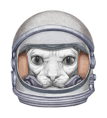 Astronaut. Portrait of Sphynx Cat in a space helmet. Hand-drawn illustration