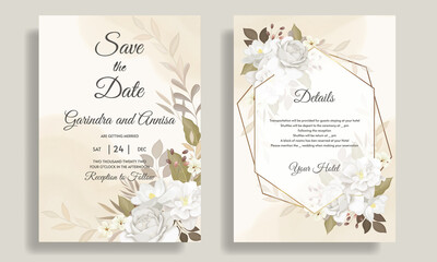  Elegant wedding invitation card template set with beautiful white floral and leaves Premium Vector