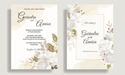 Obraz na płótnie Canvas Elegant wedding invitation card template set with beautiful white floral and leaves Premium Vector