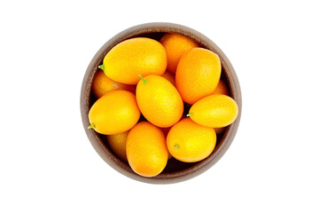 Fresh kumquats in wooden bowl isolated on white background, tropical citrus fruits
