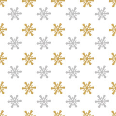 seamless pattern gold, silver snowflakes on white background, Christmas and Winter background